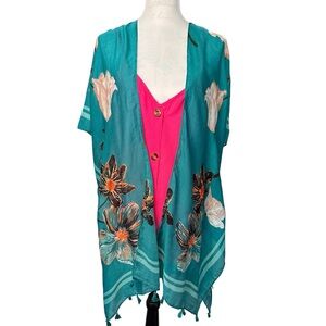 Woven Heart Floral Botanical Kimono Teal Tassels‎ Tropical Gold Cardigan Coverup